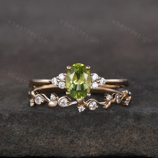 Vintage Peridot Engagement Ring Set Oval Green Peridot Ring 14K Gold Art Deco Moissanite Stacking Band August Birthstone Ring Promise Ring