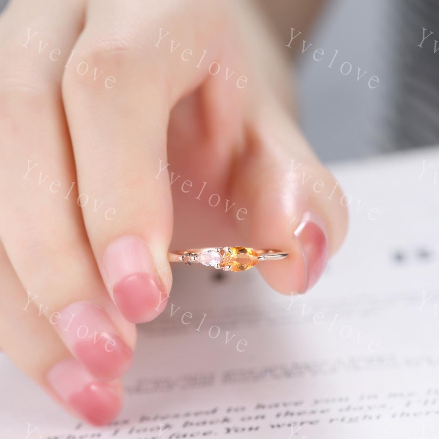 Vintage Yellow Citrine Morganite Engagement Ring,Pear Cut Gems,Art Deco Smoky Quartz Wedding Band,3 Stone Unique Women Bridal Promise Ring