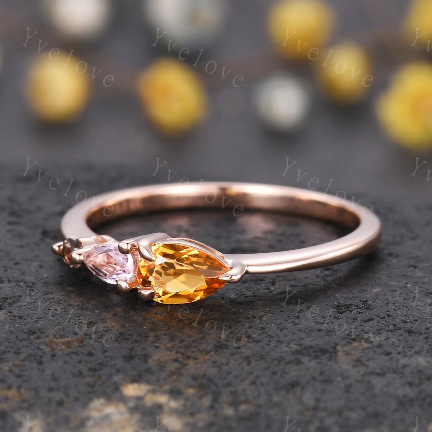 Vintage Yellow Citrine Morganite Engagement Ring,Pear Cut Gems,Art Deco Smoky Quartz Wedding Band,3 Stone Unique Women Bridal Promise Ring