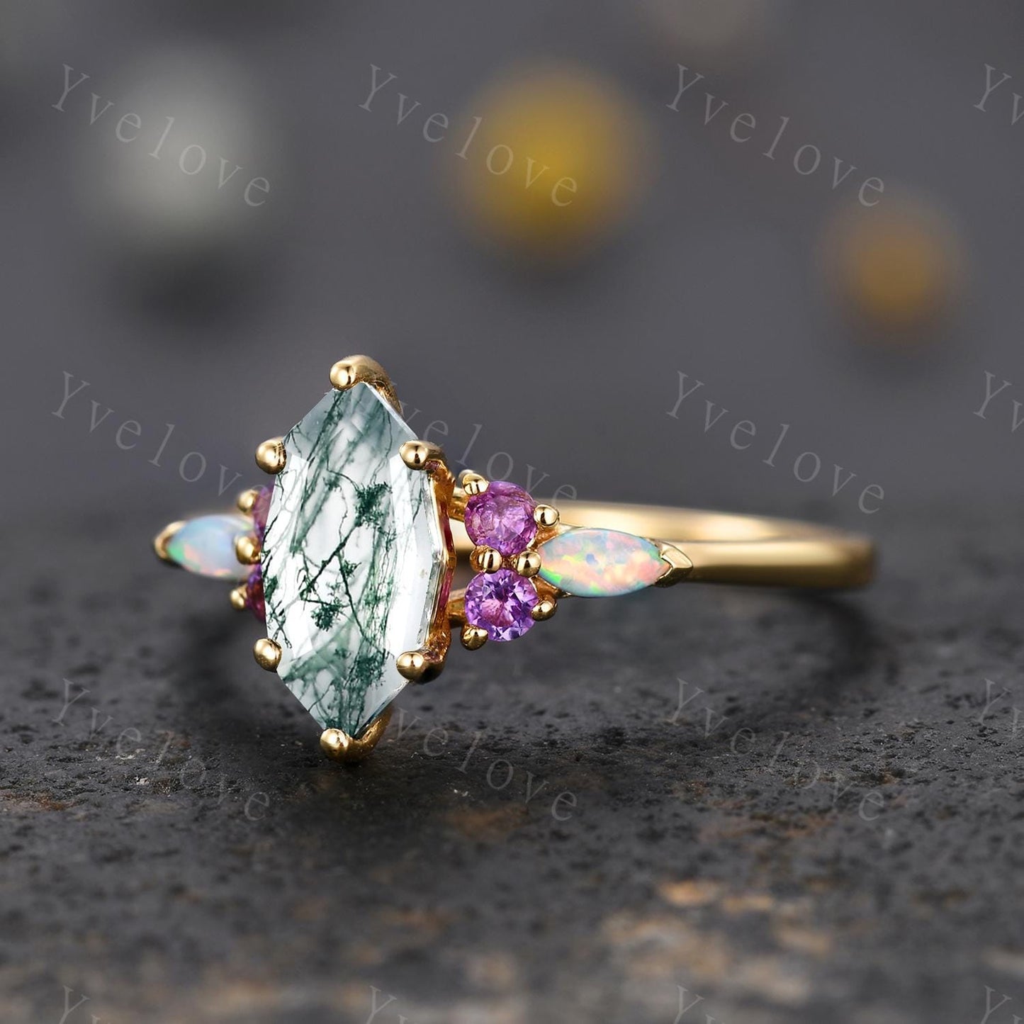 Vintage marquise moss agate engagement ring set,Unique wedding set,Art deco opal amethyst matching stacking band,bridal set,rings for women