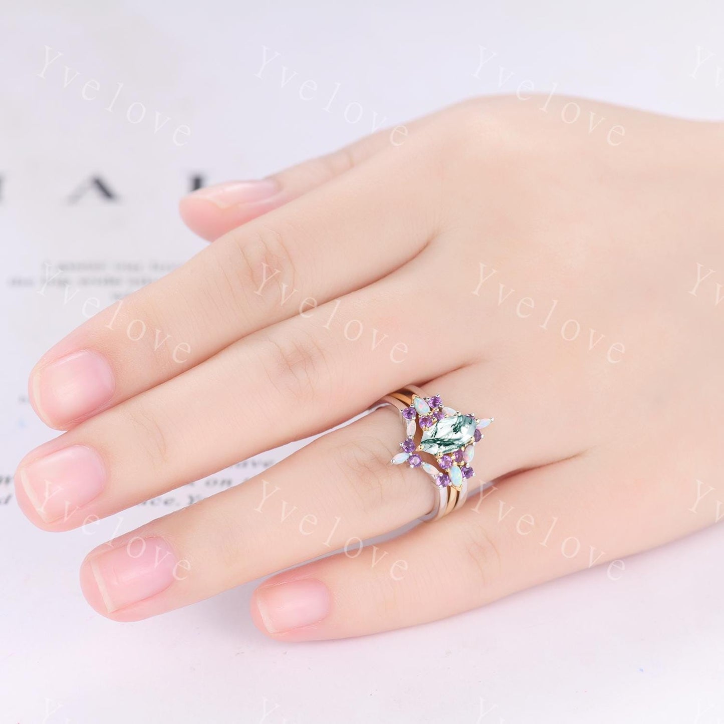 Vintage marquise moss agate engagement ring set,Unique wedding set,Art deco opal amethyst matching stacking band,bridal set,rings for women