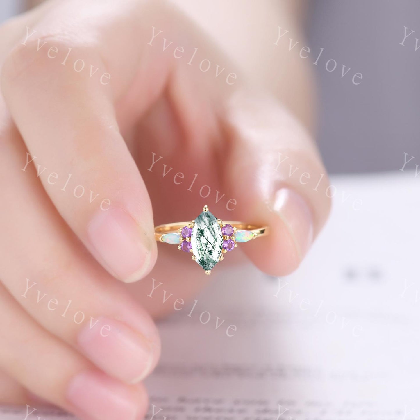 Vintage marquise moss agate engagement ring set,Unique green agate wedding set,Art deco opal amethyst matching stacking band rings for women