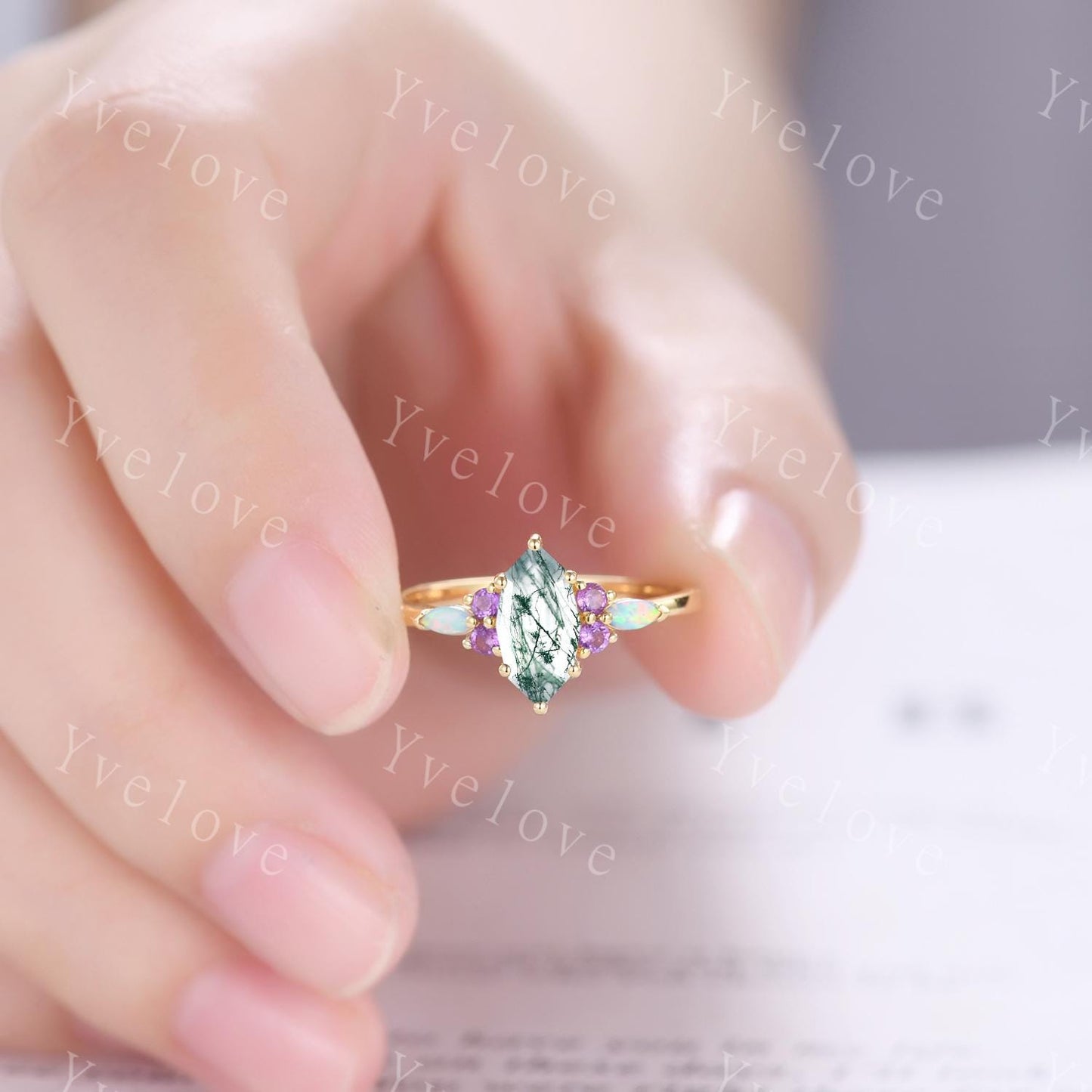 Vintage marquise moss agate engagement ring set,Unique wedding set,Art deco opal amethyst matching stacking band,bridal set,rings for women