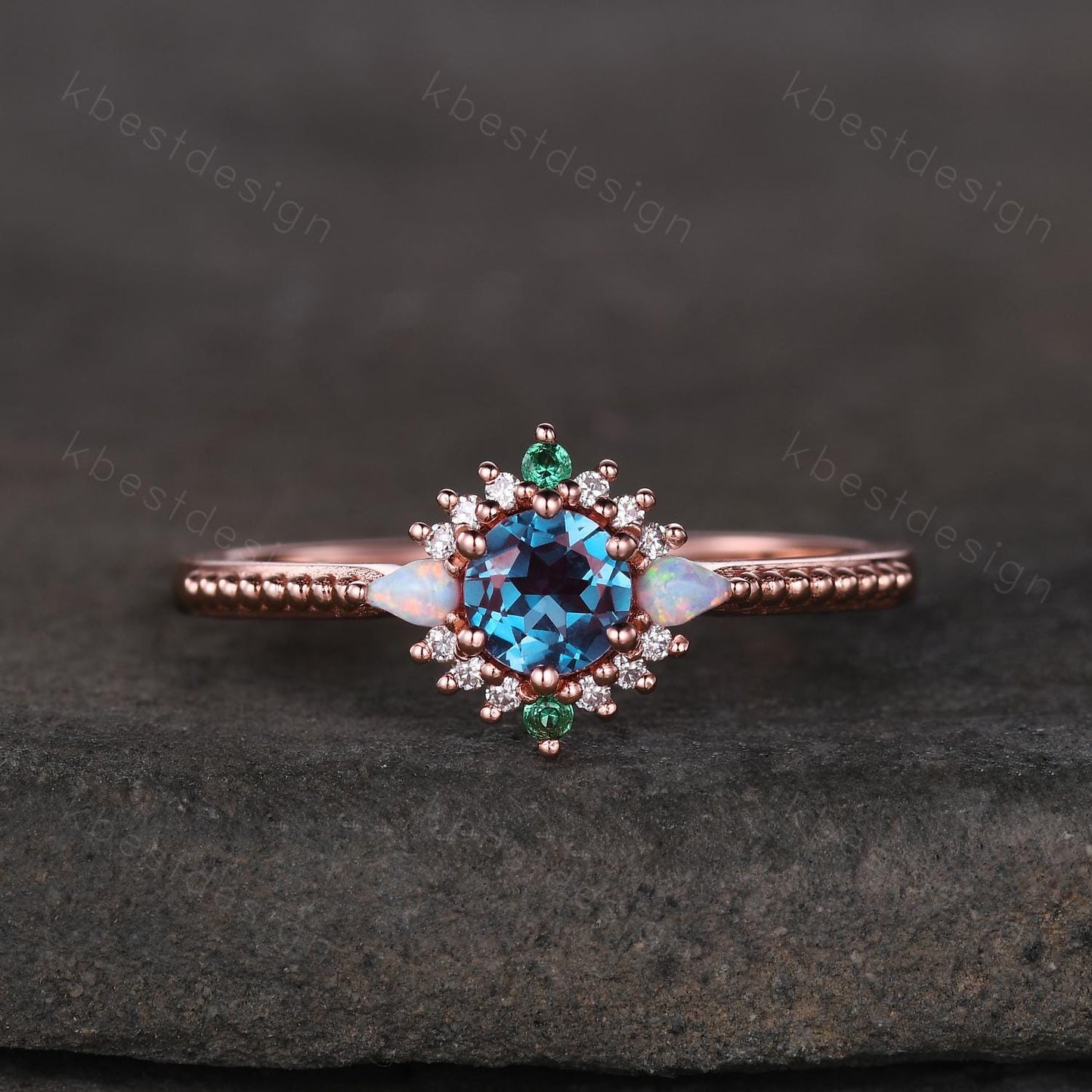 Vintage round cut Alexandrite engagement ring rose gold ring unique opal emerald ring for women June Birthstone ring promise ring gift