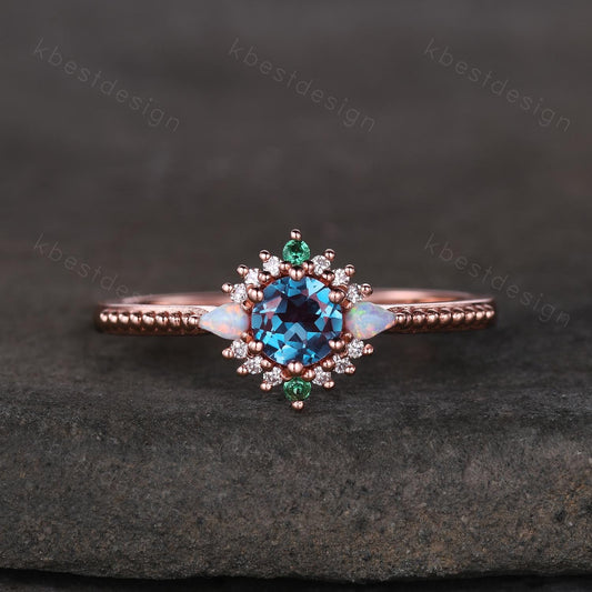 Vintage round cut Alexandrite engagement ring rose gold ring unique opal emerald ring for women June Birthstone ring promise ring gift