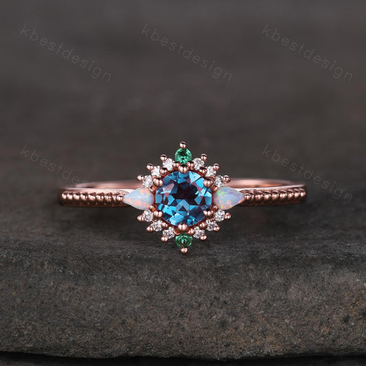 Vintage round cut Alexandrite engagement ring rose gold ring unique opal emerald ring for women June Birthstone ring promise ring gift