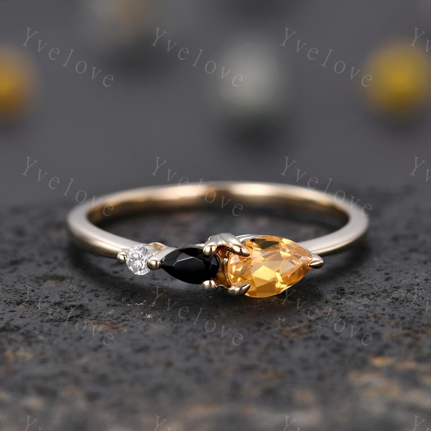 Vintage Yellow Citrine Black Spinel Engagement Ring,Pear Cut Gems,Art Deco Moissanite Wedding Band,3 Stone Unique Women Bridal Promise Ring