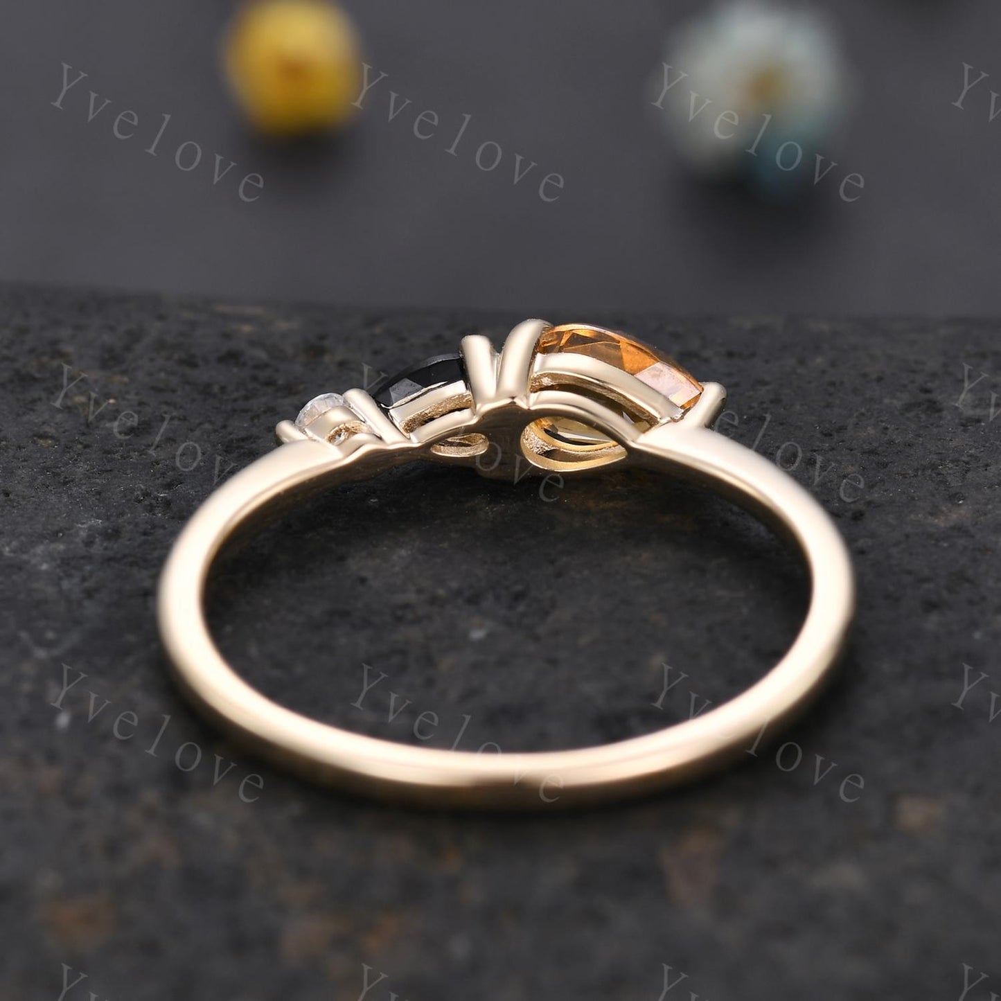 Vintage Yellow Citrine Black Spinel Engagement Ring,Pear Cut Gems,Art Deco Moissanite Wedding Band,3 Stone Unique Women Bridal Promise Ring