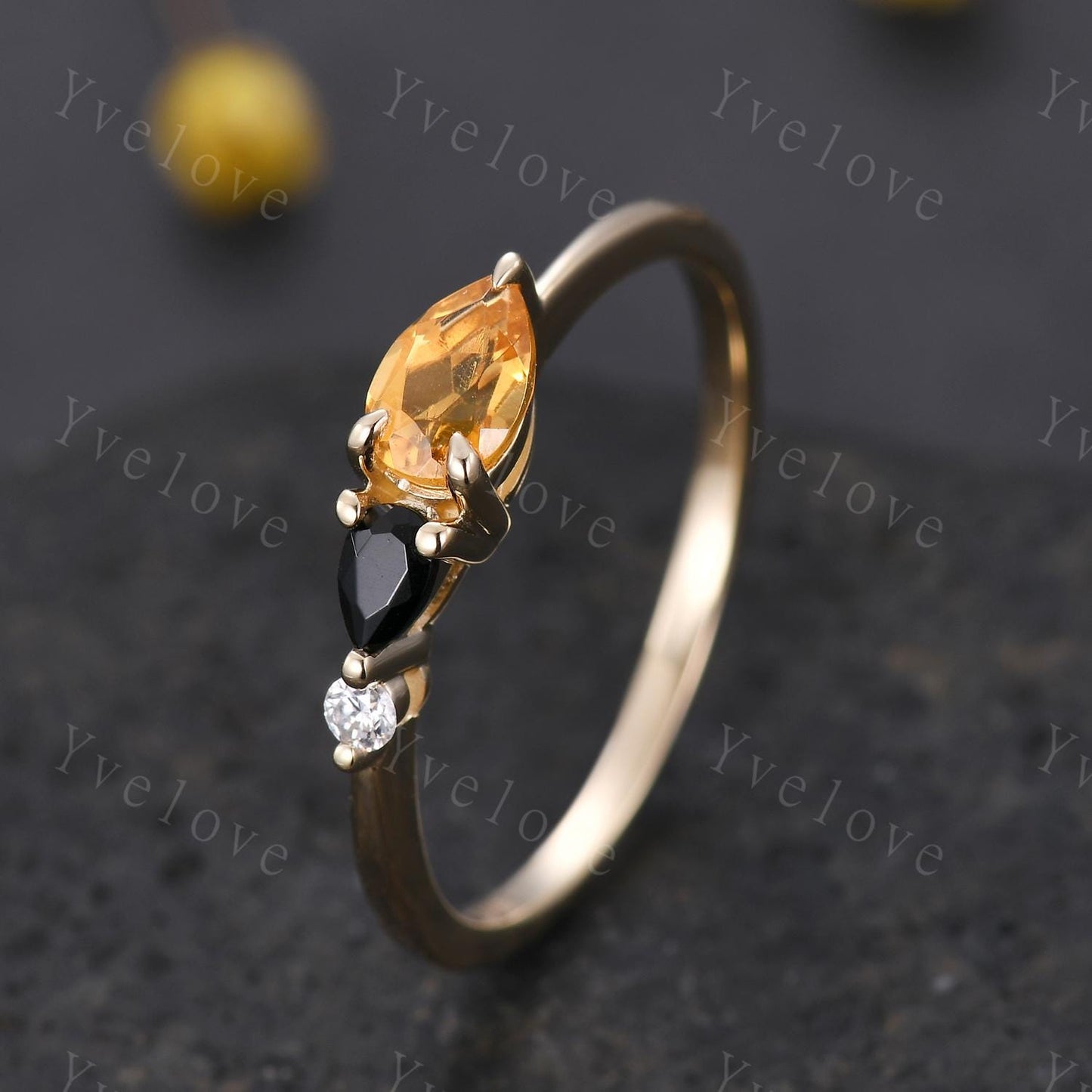 Vintage Yellow Citrine Black Spinel Engagement Ring,Pear Cut Gems,Art Deco Moissanite Wedding Band,3 Stone Unique Women Bridal Promise Ring