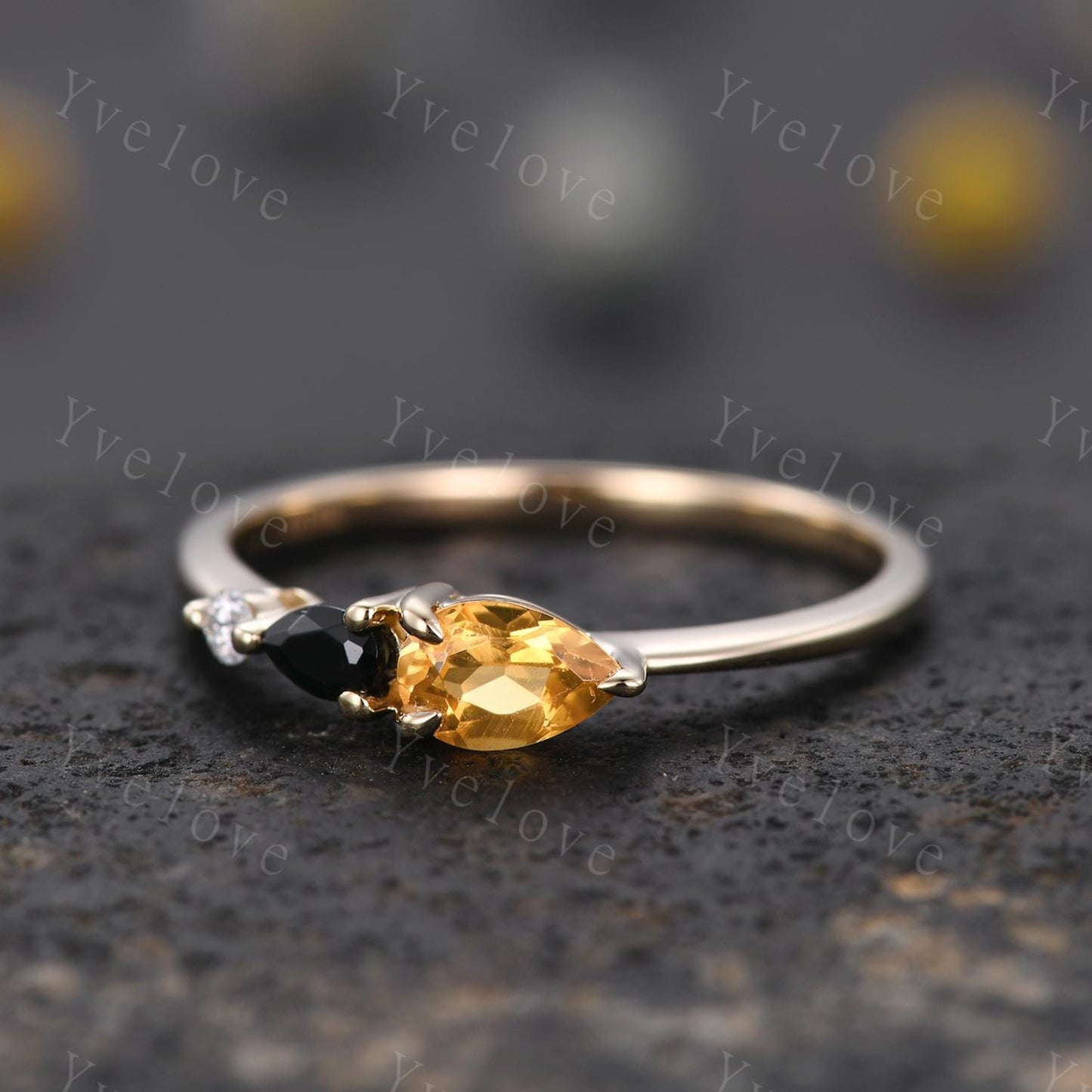 Vintage Yellow Citrine Black Spinel Engagement Ring,Pear Cut Gems,Art Deco Moissanite Wedding Band,3 Stone Unique Women Bridal Promise Ring