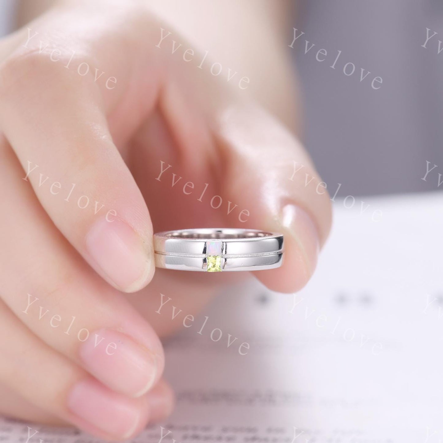 Mens Opal Peridot Wedding Band Princess Cut Peridot Band 5mm 925 Silver Ring Men Solitaire Stacking Matching Band Retro Vintage Ring Gift