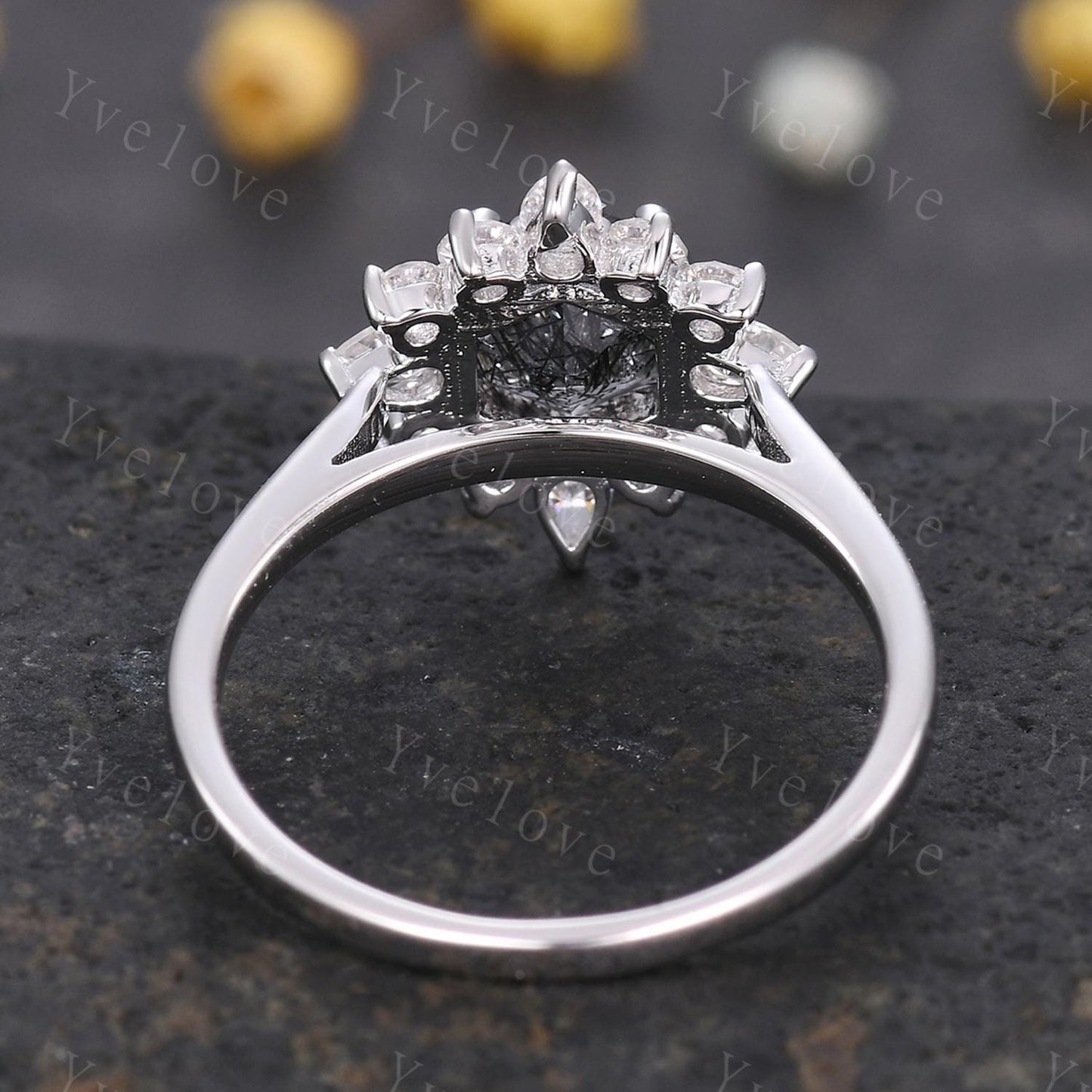 Retro Hexagon Cut Black Rutilated Quartz Engagement Ring,Vingate Moissanite Band,Silver,Women Matching Wedding Ring Set Promise Ring Gift