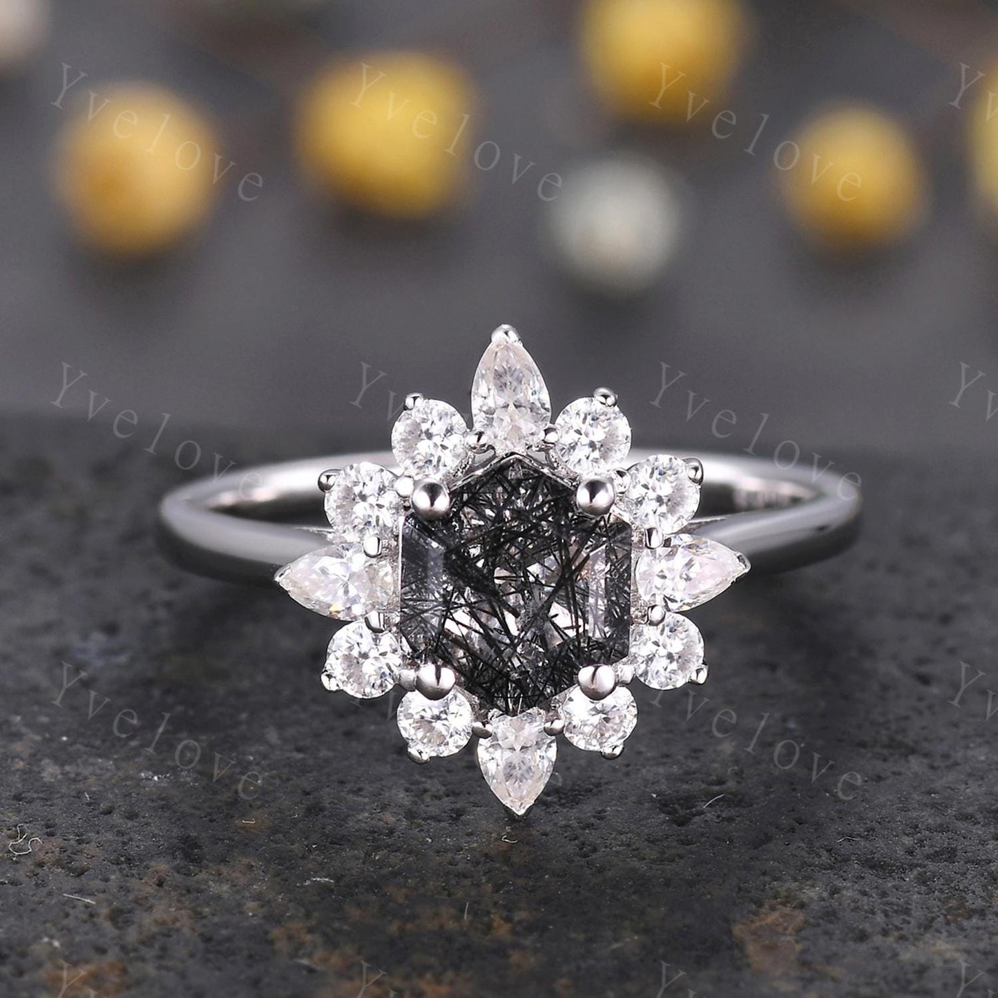 Retro Hexagon Cut Black Rutilated Quartz Engagement Ring,Vingate Moissanite Band,Silver,Women Matching Wedding Ring Set Promise Ring Gift