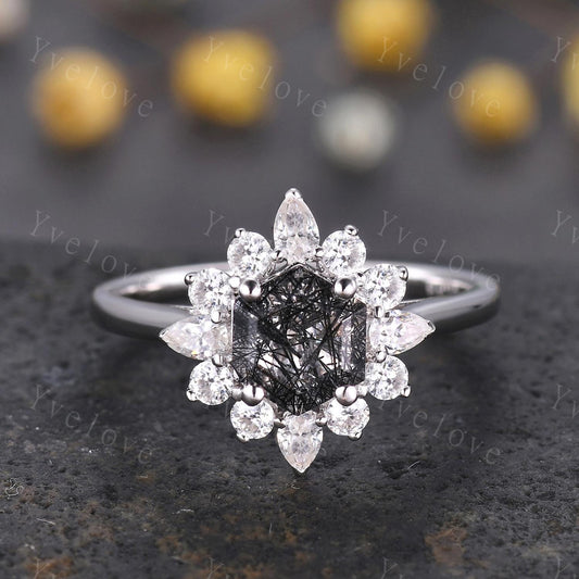 Retro Hexagon Cut Black Rutilated Quartz Engagement Ring,Vingate Moissanite Band,Silver,Women Matching Wedding Ring Set Promise Ring Gift