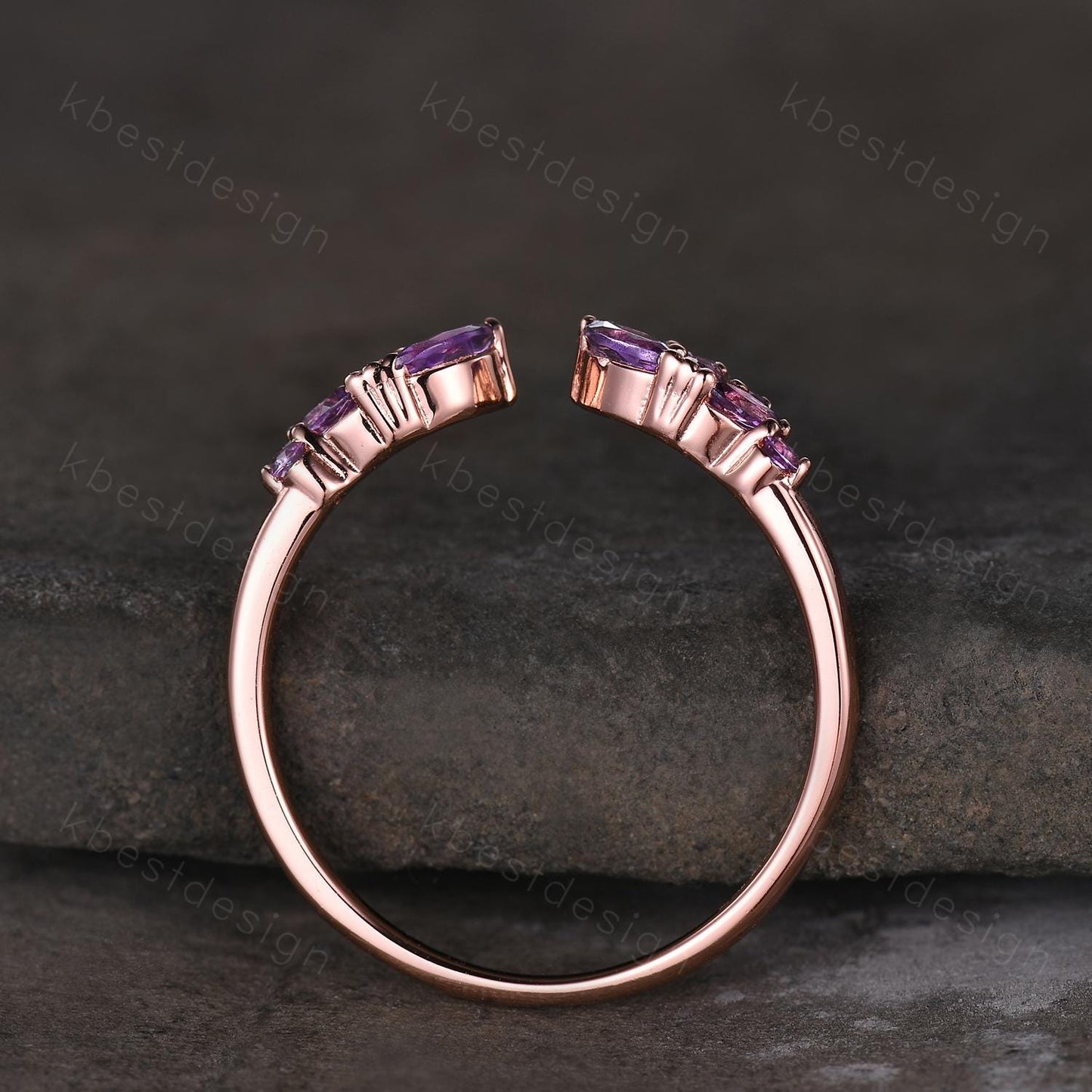 Open gap Amethyst Wedding Band rose gold vintage petal wedding ring Delicate Stacking matching curved wedding band bridal ring gift