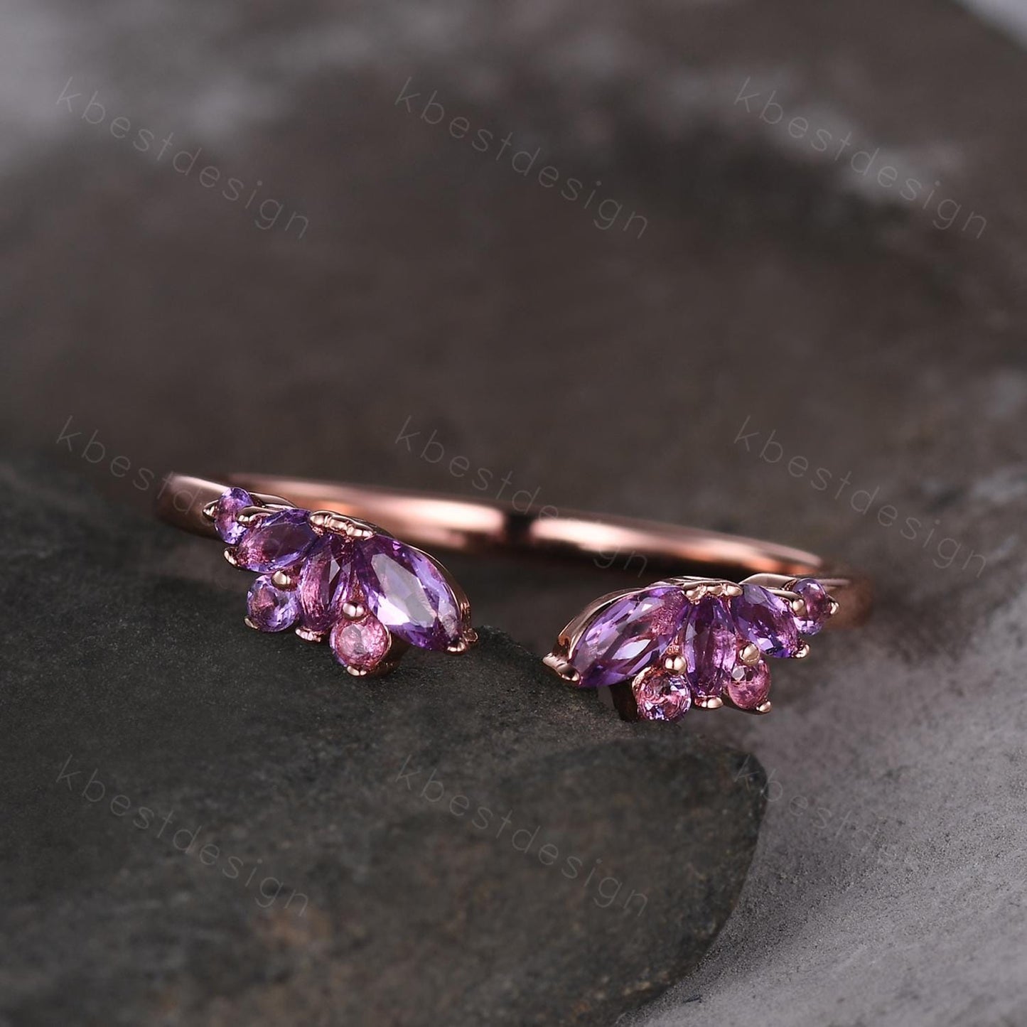Open gap Amethyst Wedding Band rose gold vintage petal wedding ring Delicate Stacking matching curved wedding band bridal ring gift