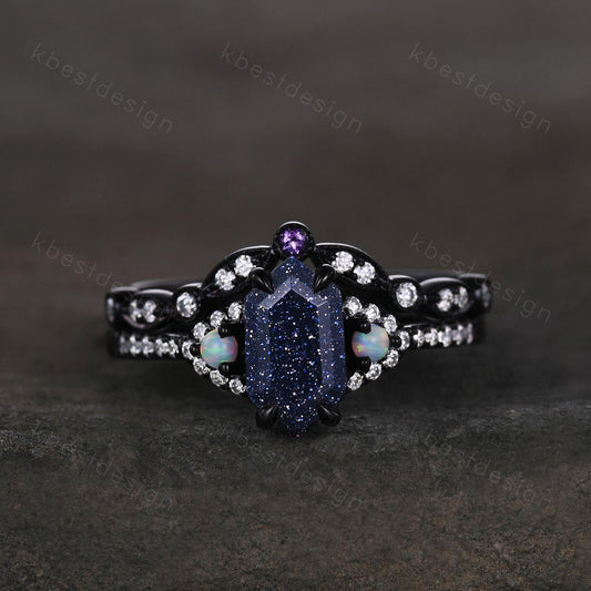 Vintage Blue Sandstone Engagement Ring set Black Gold Hexagon cut Bridal set Art deco curved band moissanite promise wedding ring set