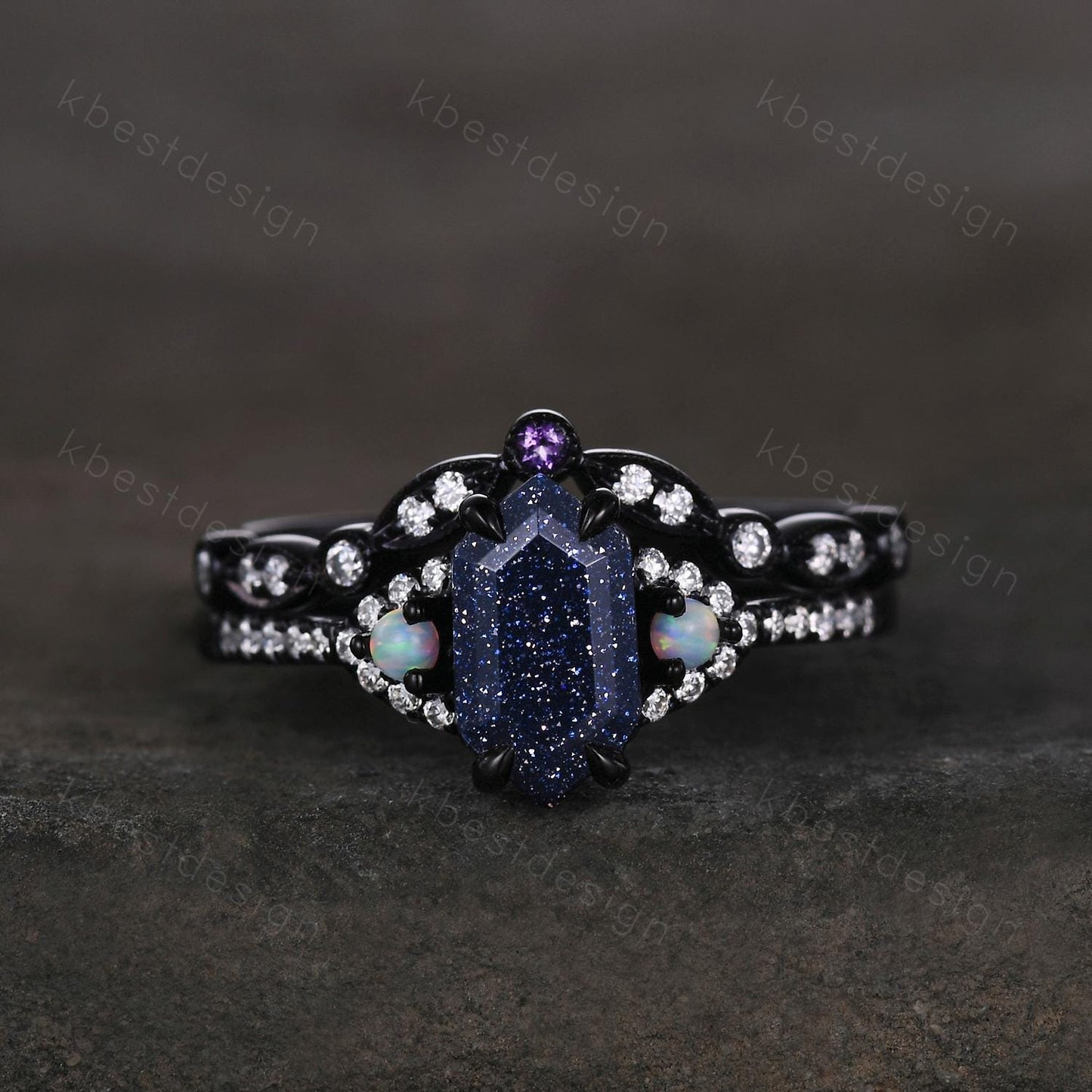Vintage Blue Sandstone Engagement Ring set Black Gold Hexagon cut Bridal set Art deco curved band moissanite promise wedding ring set