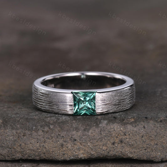 Mens Green Sapphire Wedding Band, 5mm Princess Cut Teal Sapphire Mens Wedding Band, White Gold Brush Finished Wedding Ring, His Wedding Band
