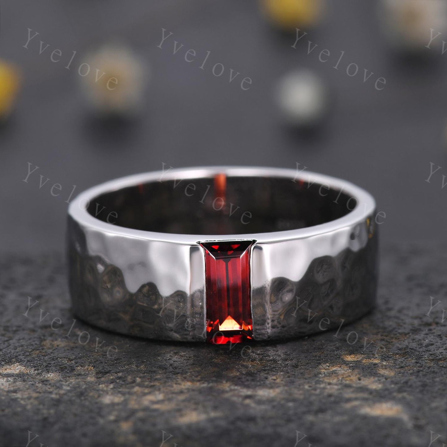 8mm Mens Garnet Wedding Band Baguette Red Garnet Band White Gold Ring Mens Hammered Stacking Matching Band Retro Vintage Ring Mens Gift