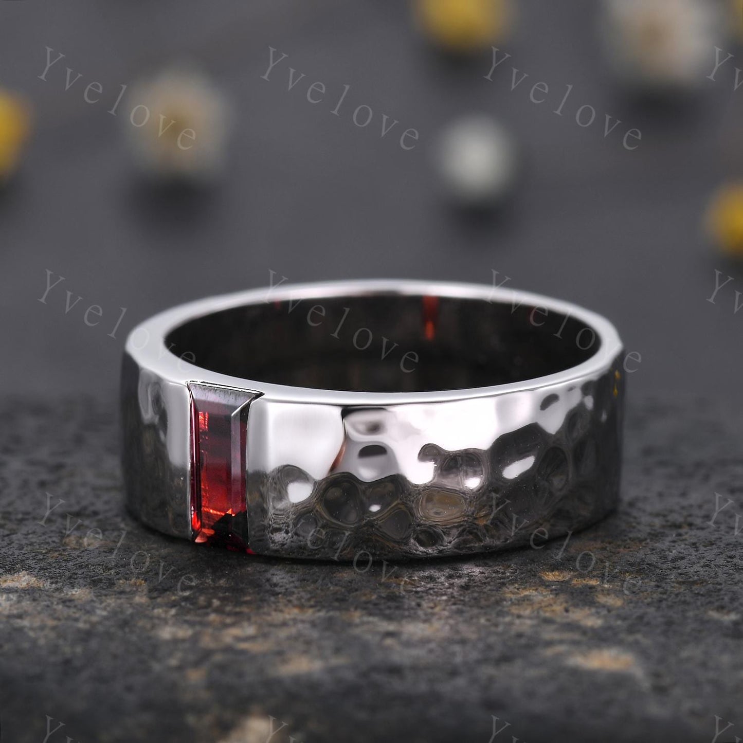 Custom order for hannahsummy, 8mm width smooth band, with baguette black rutilated quartz, 10k white gold.