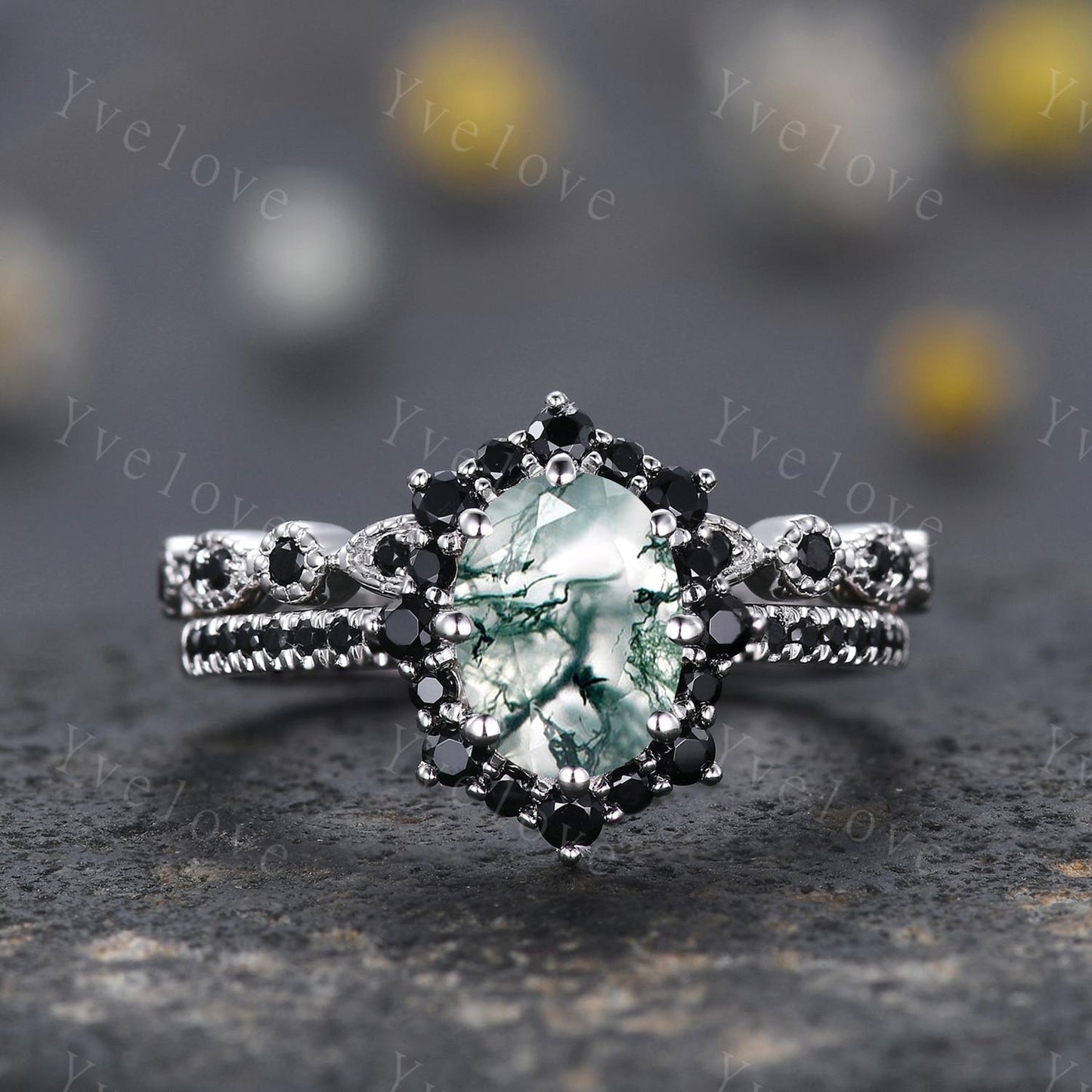 Gothic Oval Shape Moss Agate Engagement Ring Set,White Gold Black Diamond Promise Ring Set Unique Natural Inspired Ring Bridal Set Gift