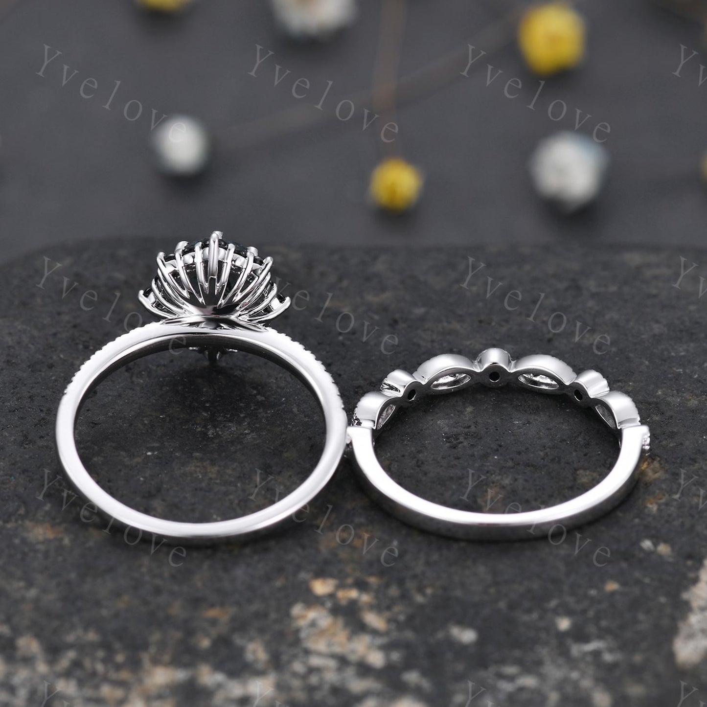 Gothic Oval Shape Moss Agate Engagement Ring Set,White Gold Black Diamond Promise Ring Set Unique Natural Inspired Ring Bridal Set Gift