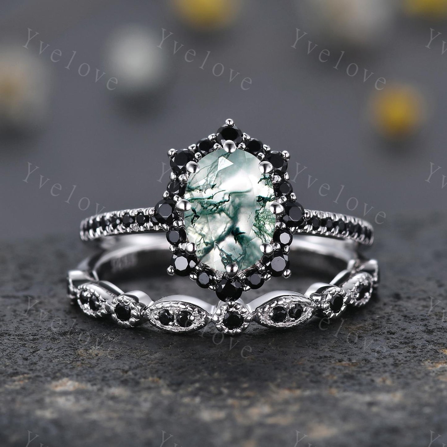 Gothic Oval Shape Moss Agate Engagement Ring Set,White Gold Black Diamond Promise Ring Set Unique Natural Inspired Ring Bridal Set Gift