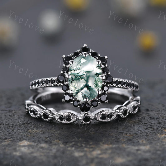 Gothic Oval Shape Moss Agate Engagement Ring Set,White Gold Black Diamond Promise Ring Set Unique Natural Inspired Ring Bridal Set Gift