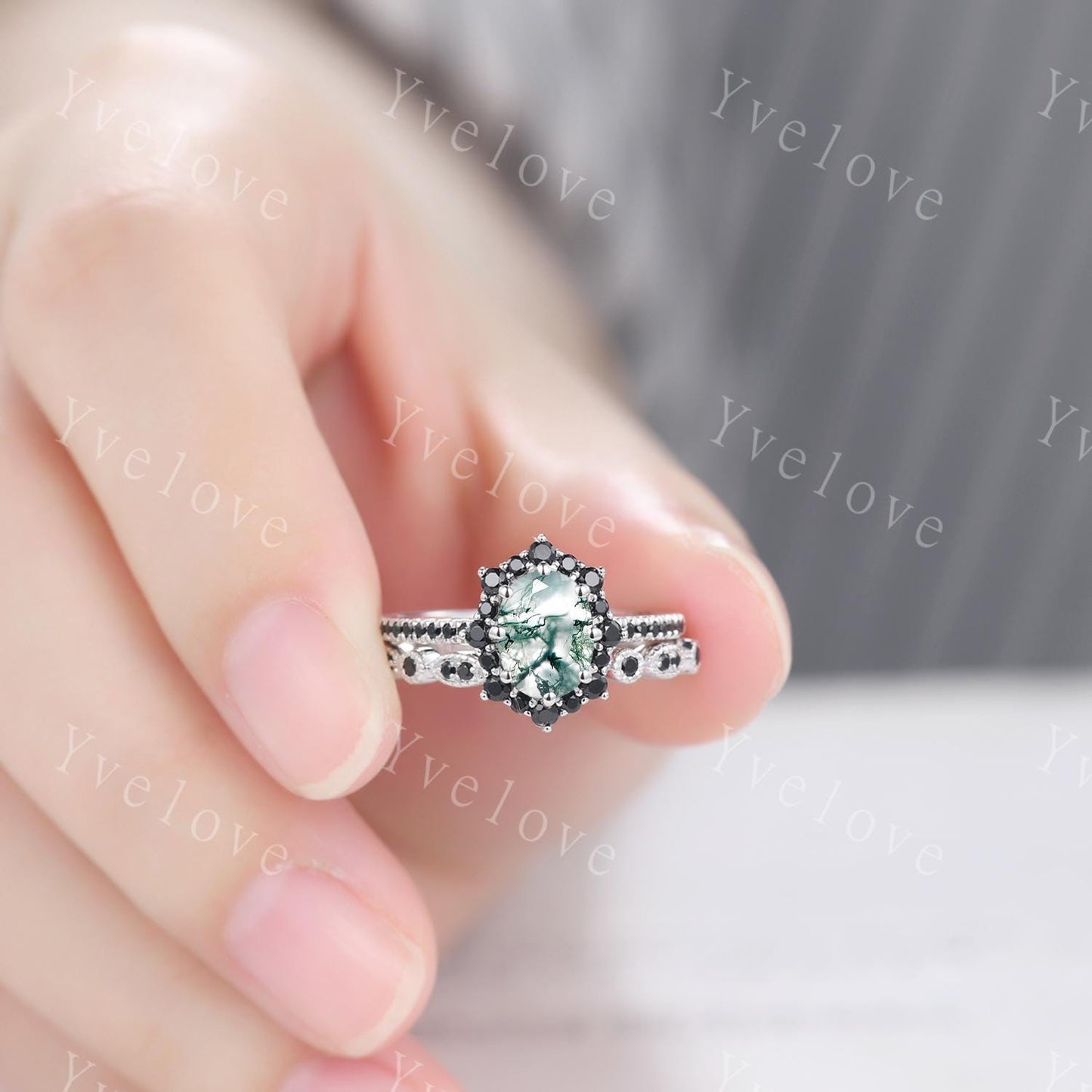 Gothic Oval Shape Moss Agate Engagement Ring Set,White Gold Black Diamond Promise Ring Set Unique Natural Inspired Ring Bridal Set Gift