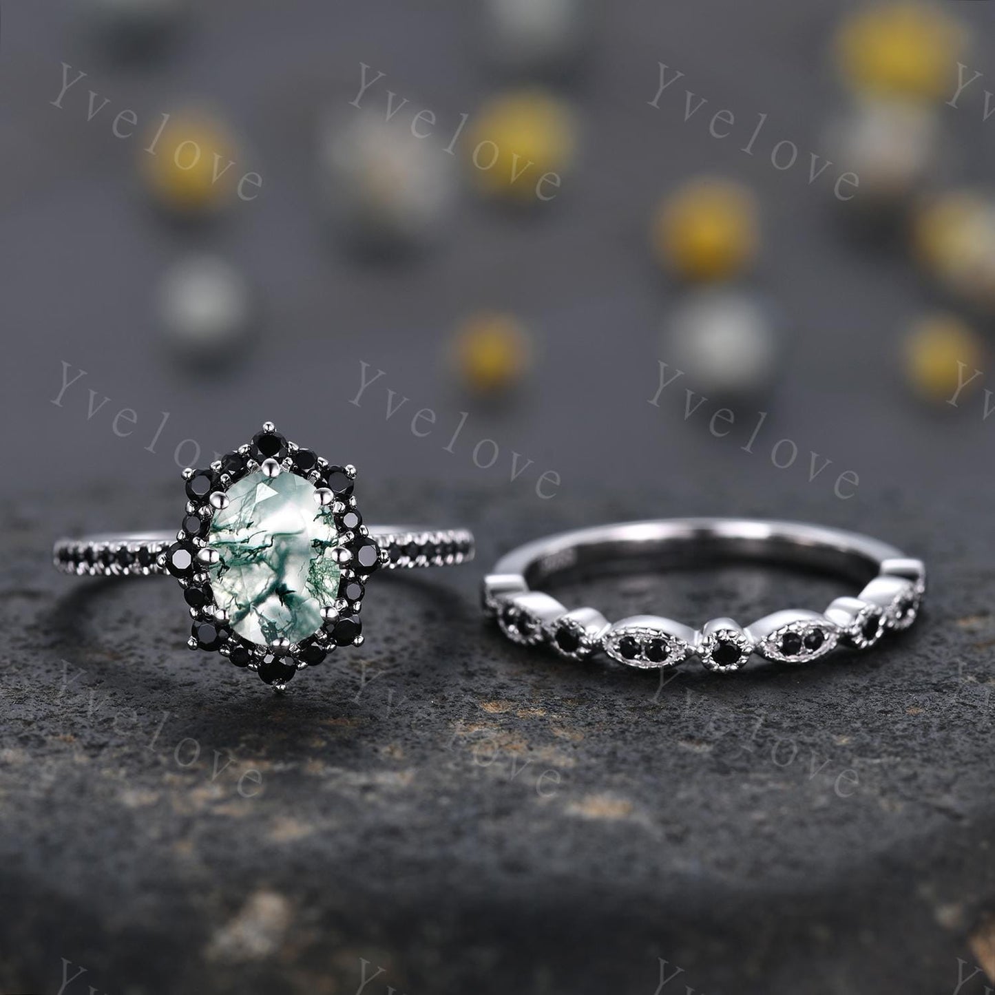 Gothic Oval Shape Moss Agate Engagement Ring Set,White Gold Black Diamond Promise Ring Set Unique Natural Inspired Ring Bridal Set Gift