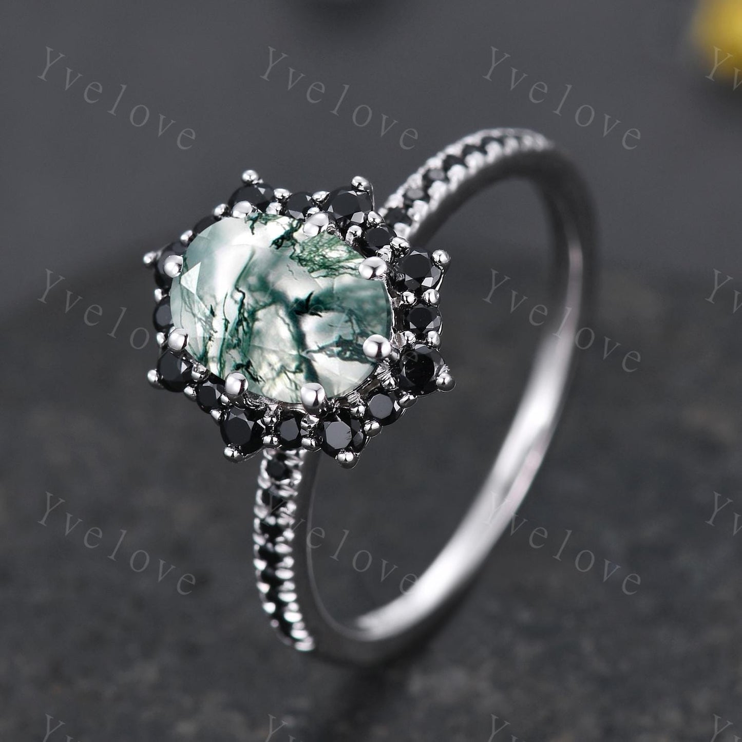 Gothic Oval Cut Moss Agate Engagement Ring,White Gold Black Diamond Promise Ring Unique Natural Inspired Ring Bridal Ring Personalized Gift