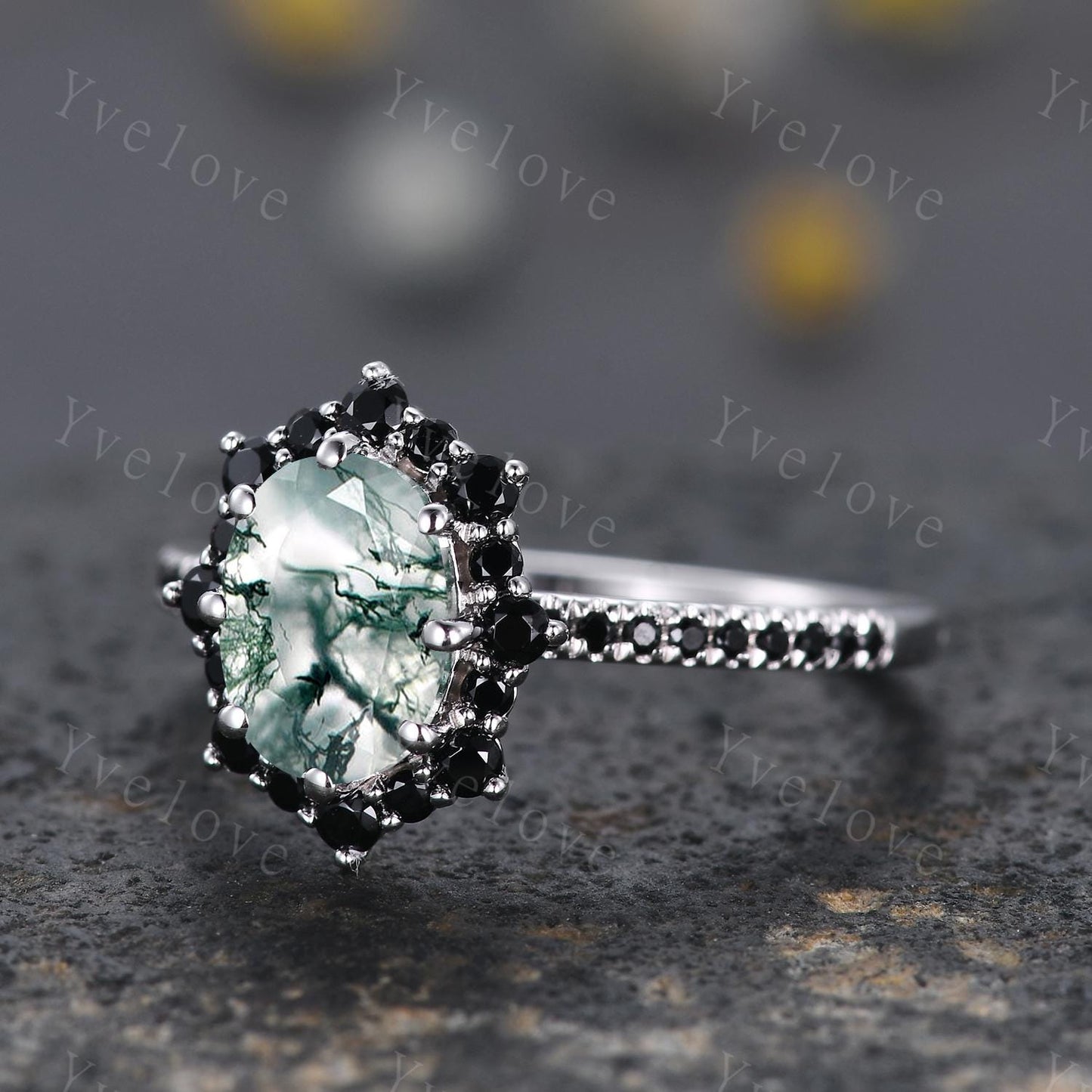 Gothic Oval Cut Moss Agate Engagement Ring,White Gold Black Diamond Promise Ring Unique Natural Inspired Ring Bridal Ring Personalized Gift