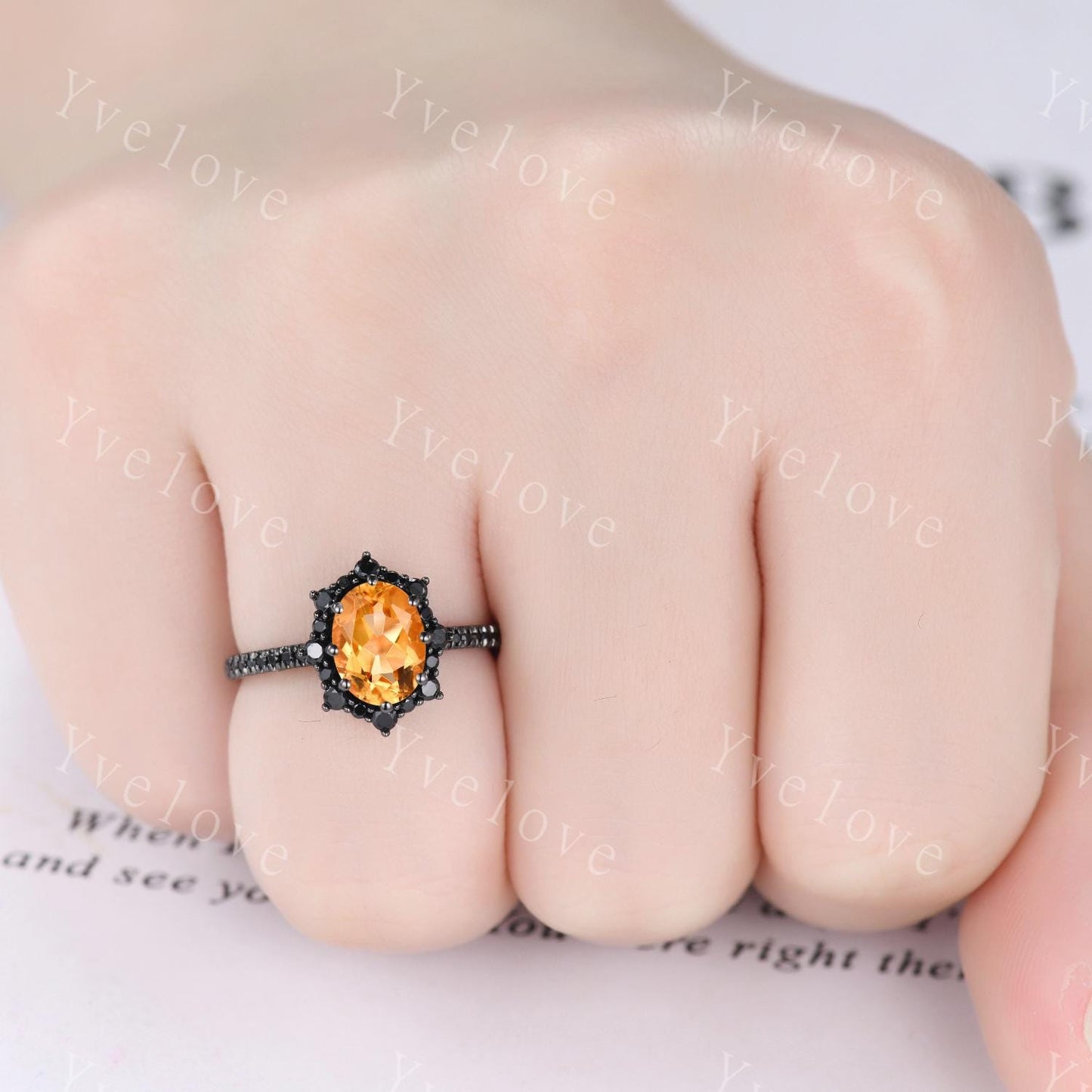 Gothic Oval Shape Citrine Engagement Ring Set,Black Gold Black Diamond Promise Ring Set Unique Rhodium Black Witchy Ring Bridal Set Gift
