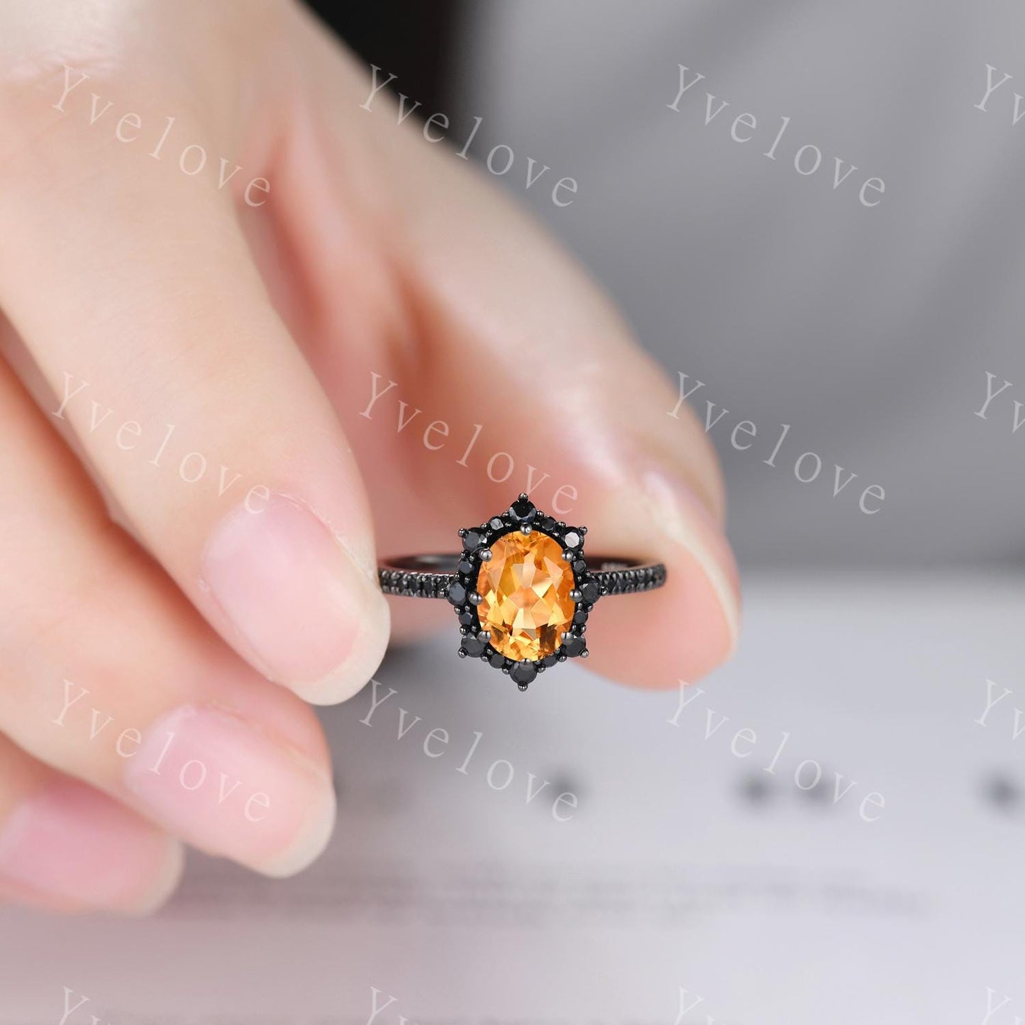 Gothic Oval Shape Citrine Engagement Ring Set,Black Gold Black Diamond Promise Ring Set Unique Rhodium Black Witchy Ring Bridal Set Gift