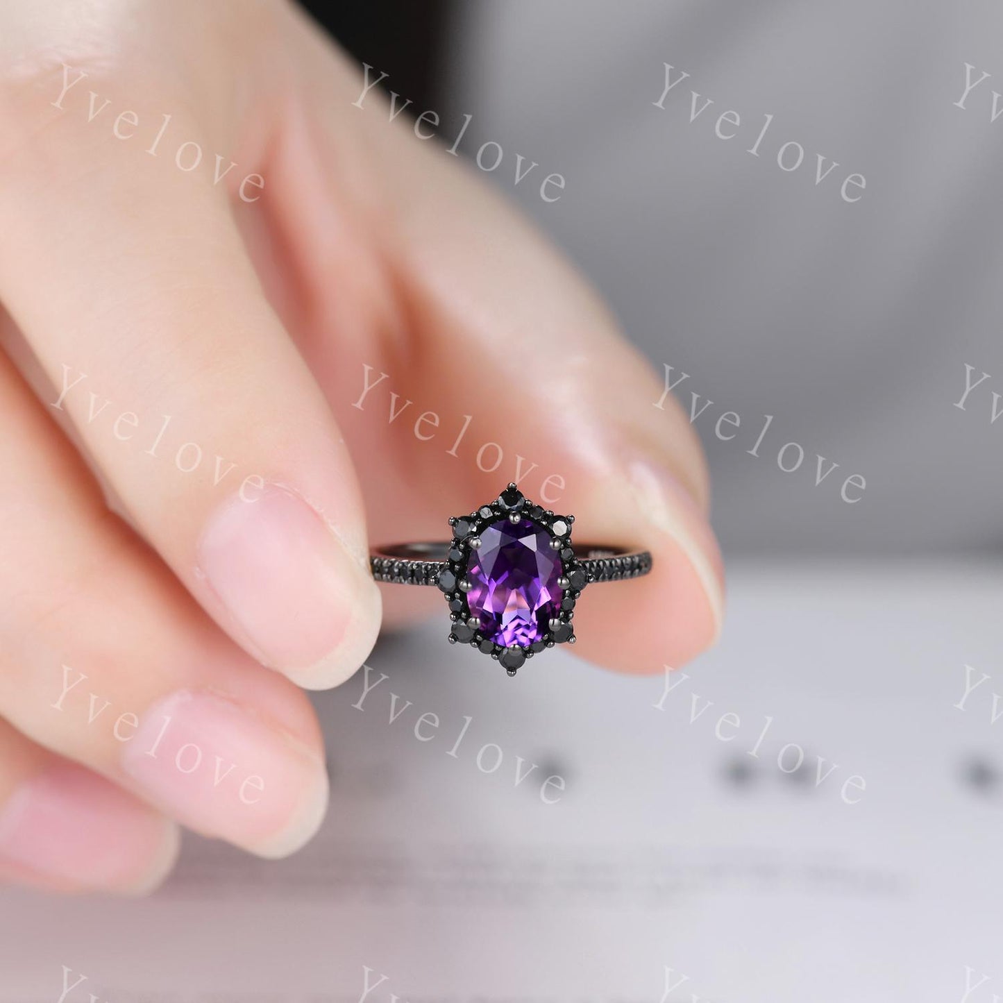 Gothic Oval Shape Amethyst Engagement Ring Set,Black Gold Black Diamond Promise Ring Set Unique Rhodium Black Witchy Ring Bridal Set Gift