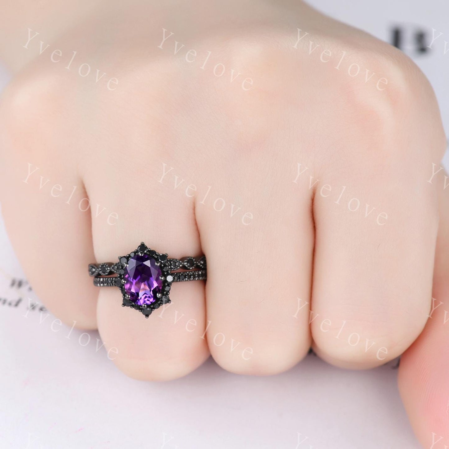Gothic Oval Shape Amethyst Engagement Ring Set,Black Gold Black Diamond Promise Ring Set Unique Rhodium Black Witchy Ring Bridal Set Gift