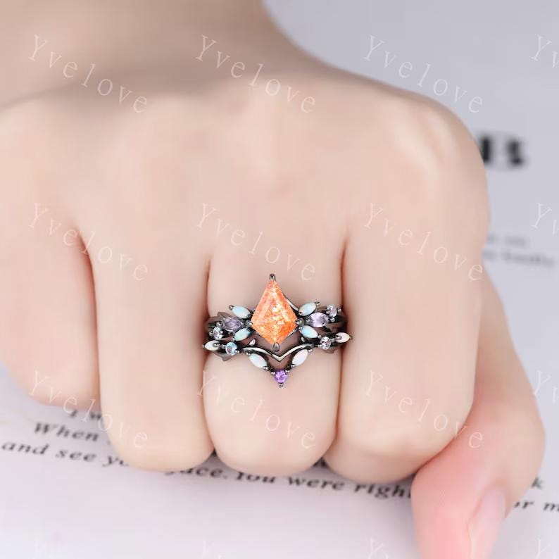 Vintage Kite Sunstone Engagement Ring Set,Black Gold,Vines Amethyst Opal Ring,Women Bridal Set,Unique Twig Anniversary Promise Ring Gift