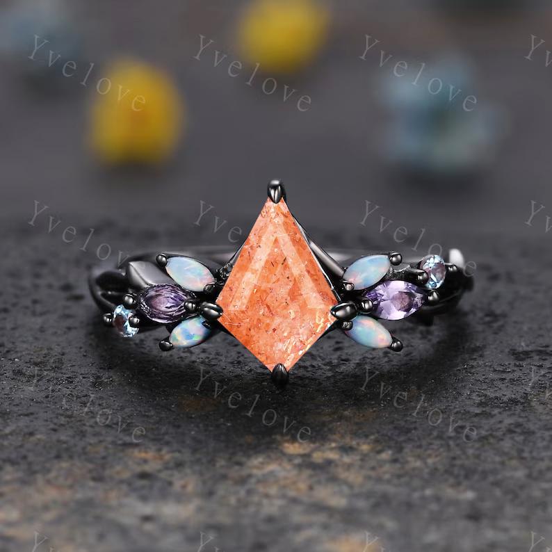 Vintage Kite Sunstone Engagement Ring Set,Black Gold,Vines Amethyst Opal Ring,Women Bridal Set,Unique Twig Anniversary Promise Ring Gift