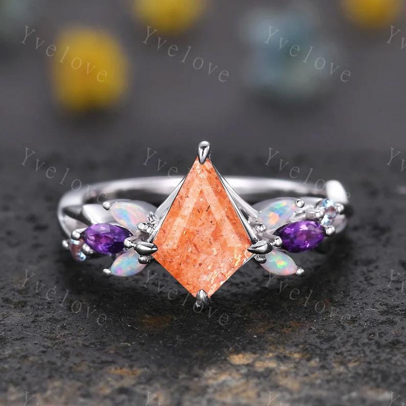 Vintage Kite Sunstone Engagement Ring Set,Black Gold,Vines Amethyst Opal Ring,Women Bridal Set,Unique Twig Anniversary Promise Ring Gift