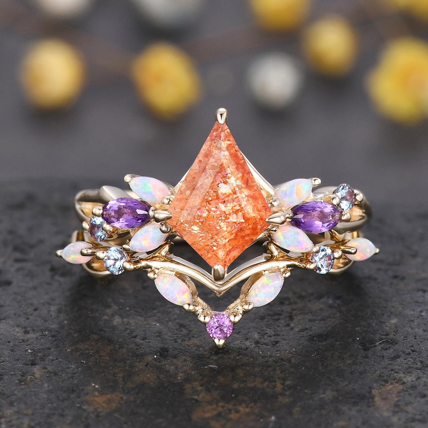 Vintage Kite Sunstone Engagement Ring Set,Black Gold,Vines Amethyst Opal Ring,Women Bridal Set,Unique Twig Anniversary Promise Ring Gift