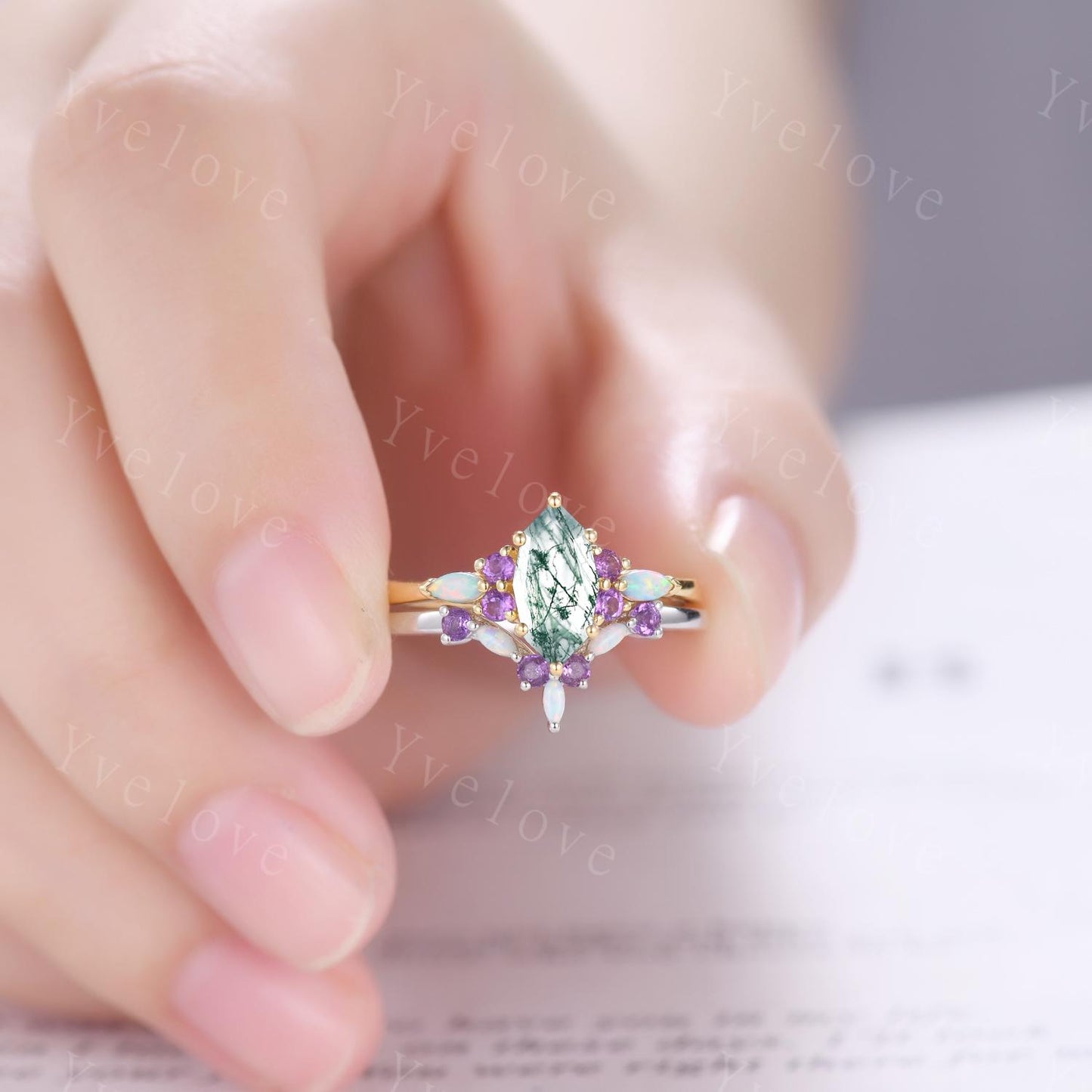 Vintage marquise moss agate engagement ring,Unique green agate wedding ring,Art deco opal amethyst matching stacking band rings for women