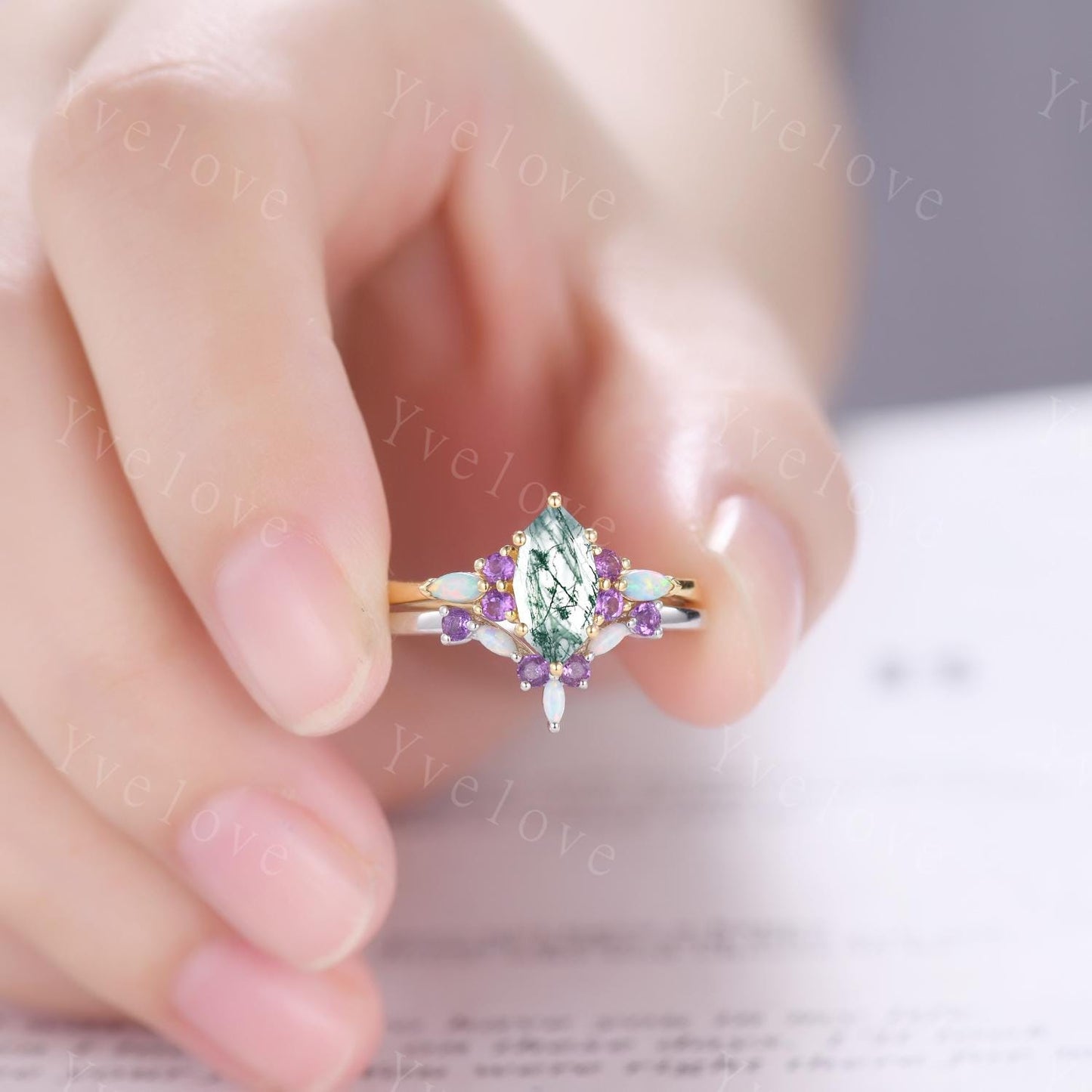 Vintage marquise moss agate engagement ring set,Unique green agate wedding set,Art deco opal amethyst matching stacking band rings for women