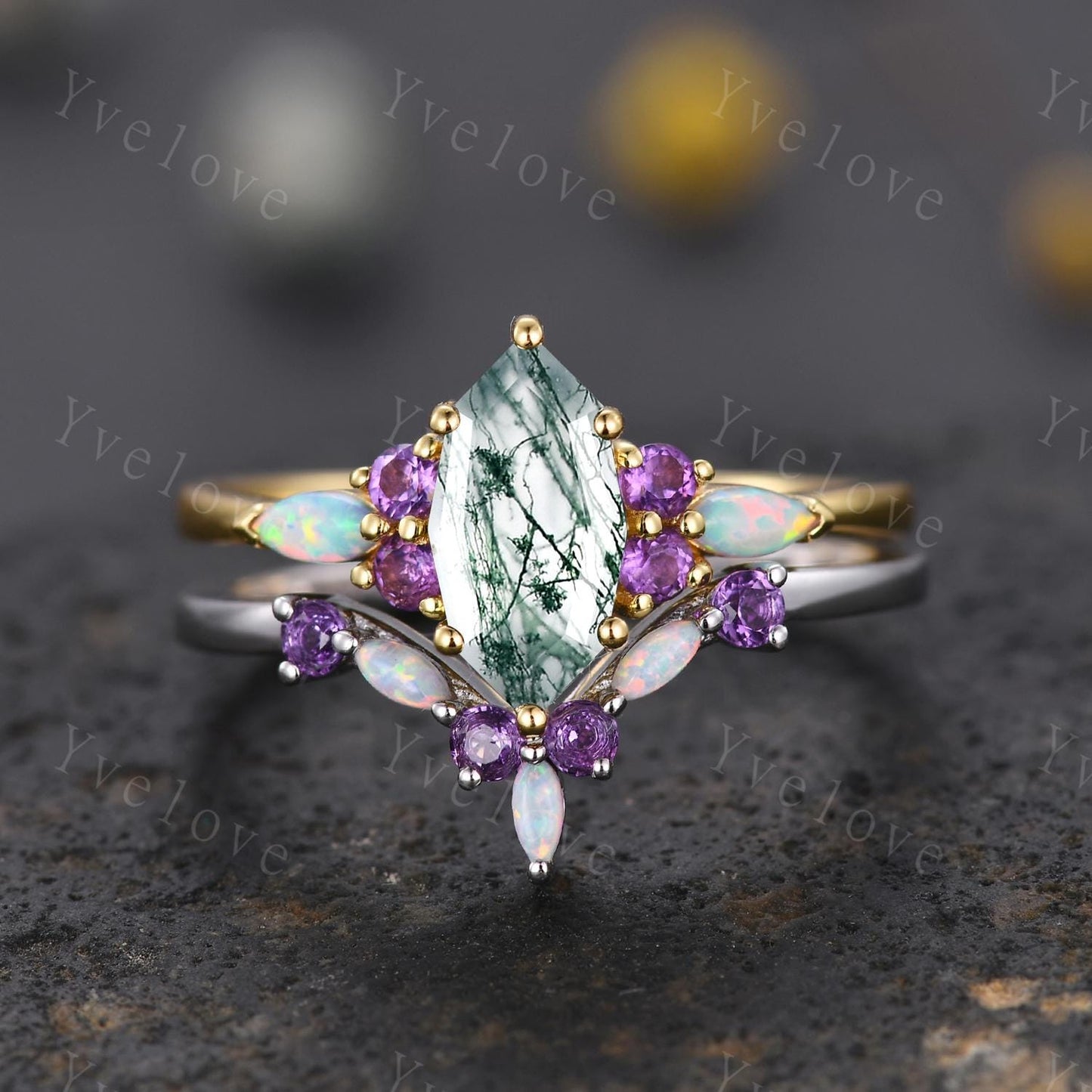 Vintage marquise moss agate engagement ring set,Unique green agate wedding set,Art deco opal amethyst matching stacking band rings for women