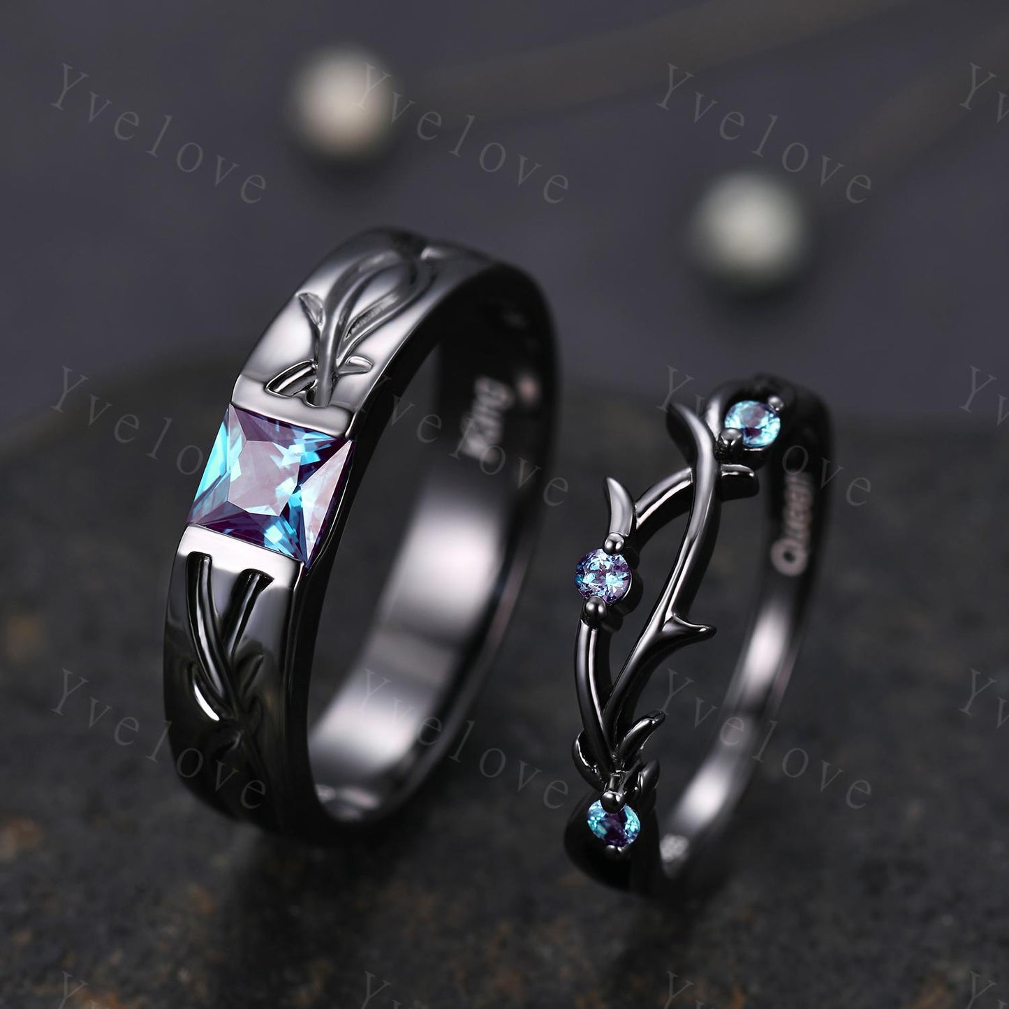 Couples ring set Alexandrdite ring twig ring for men and women His and Hers wedding band Promise Stacking Matching Band Retro Vintage Gift