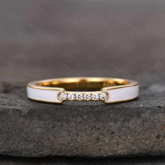 Unique White Enamel Wedding Band Solid 14k Yellow Gold Rings Moissanite Wedding Band Half Eternity Band Vintage Bridal Anniversary Ring