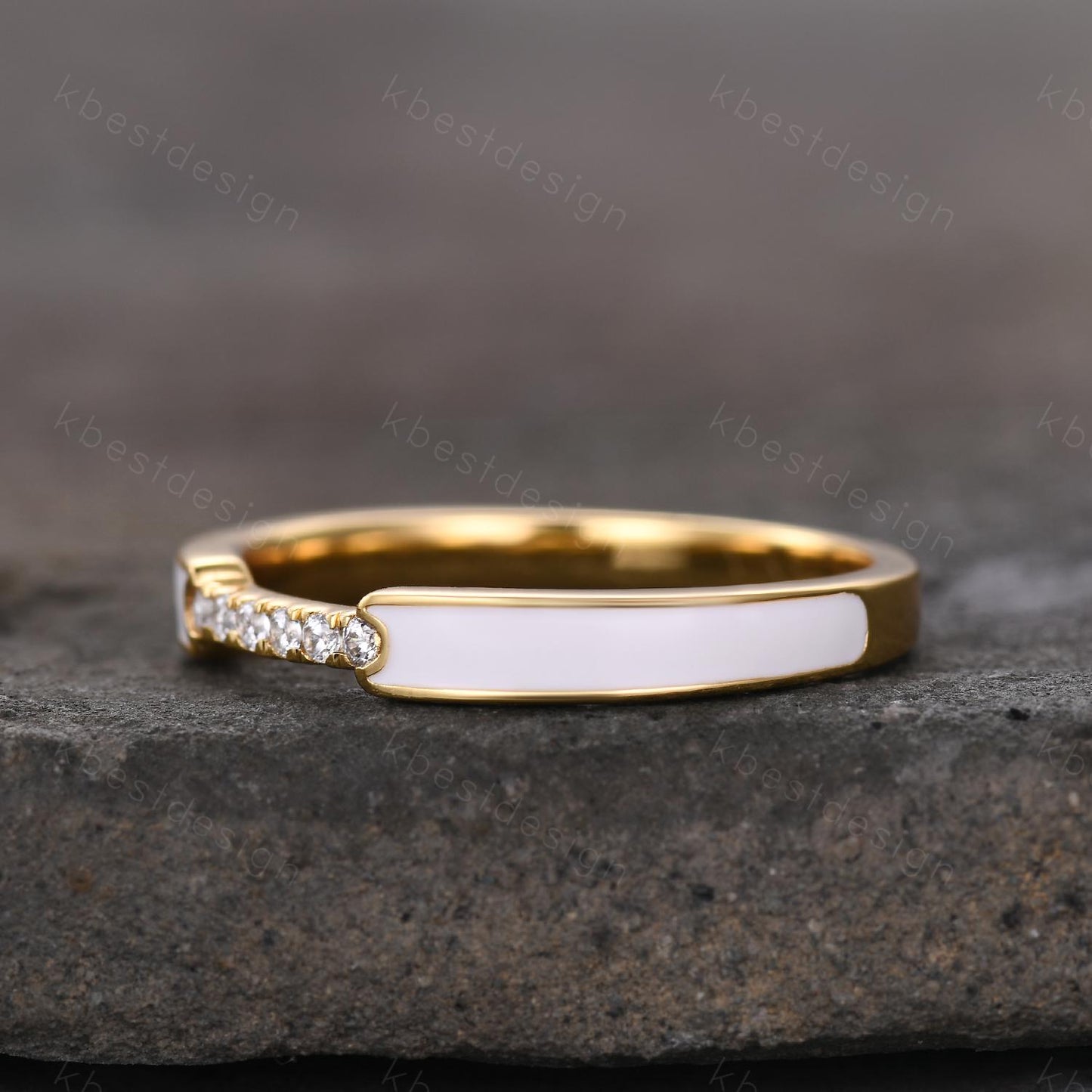 Unique White Enamel Wedding Band Solid 14k Yellow Gold Rings Moissanite Wedding Band Half Eternity Band Vintage Bridal Anniversary Ring