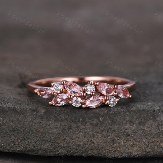 Pink Morganite cluster wedding band Unique marquise cut wedding band Vintage Moissanite ring Rose gold ring Anniversary gift for Her