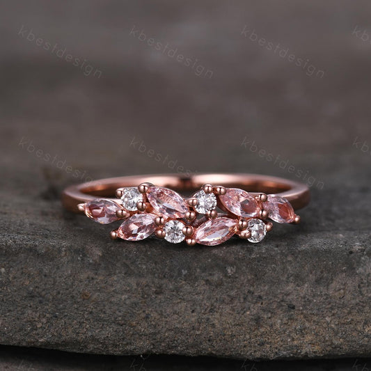 Pink Morganite cluster wedding band Unique marquise cut wedding band Vintage Moissanite ring Rose gold ring Anniversary gift for Her
