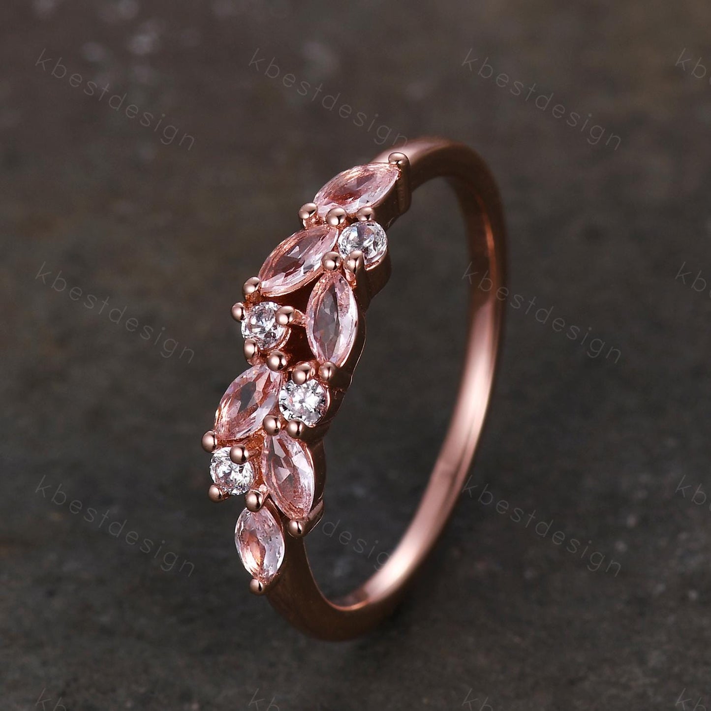 Pink Morganite cluster wedding band Unique marquise cut wedding band Vintage Moissanite ring Rose gold ring Anniversary gift for Her